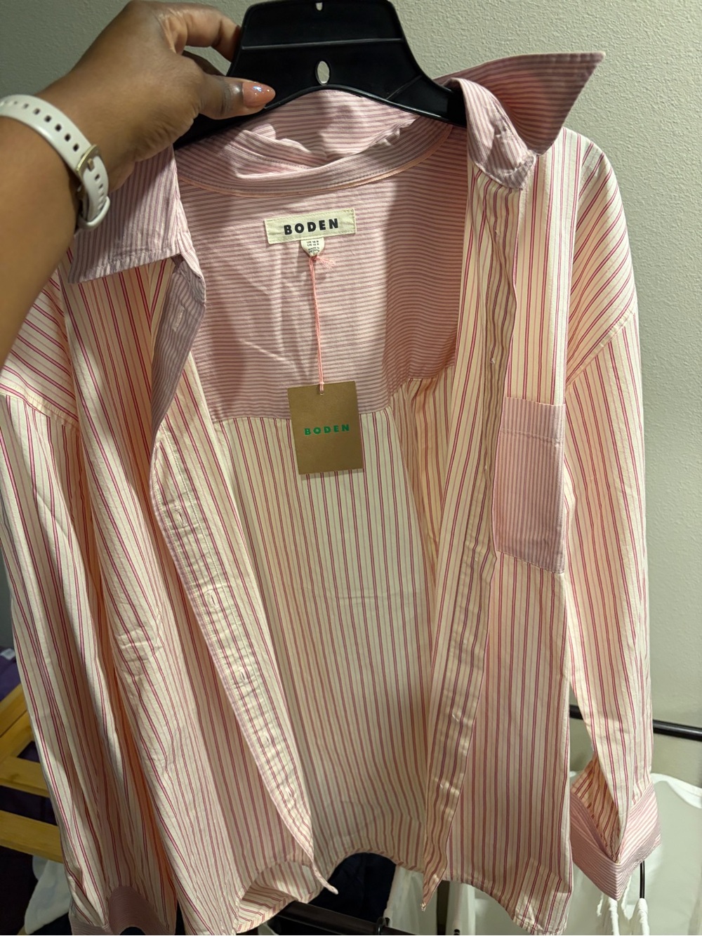Boden Striped Pink and Cream Poplin Button-Up Shirt - Picture 4 of 5